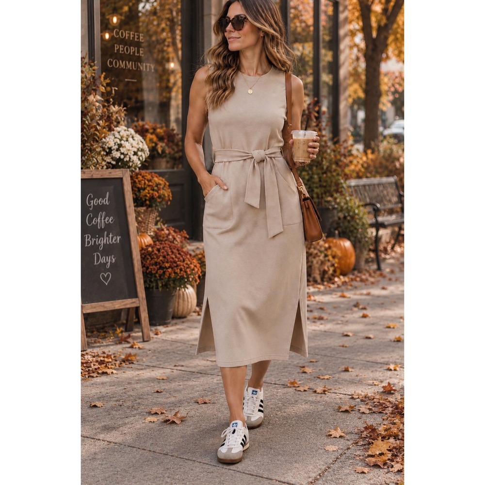 Spanx AirEssentials Tie Waist Tank Dress Luxe Coastal Quiet Luxury Beige Sz L